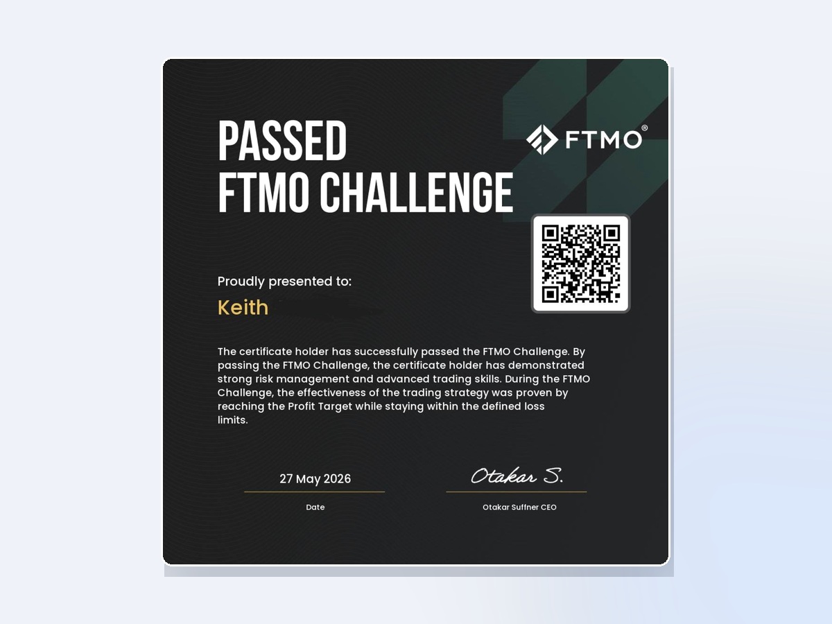 FTMO Challenge passed certificate